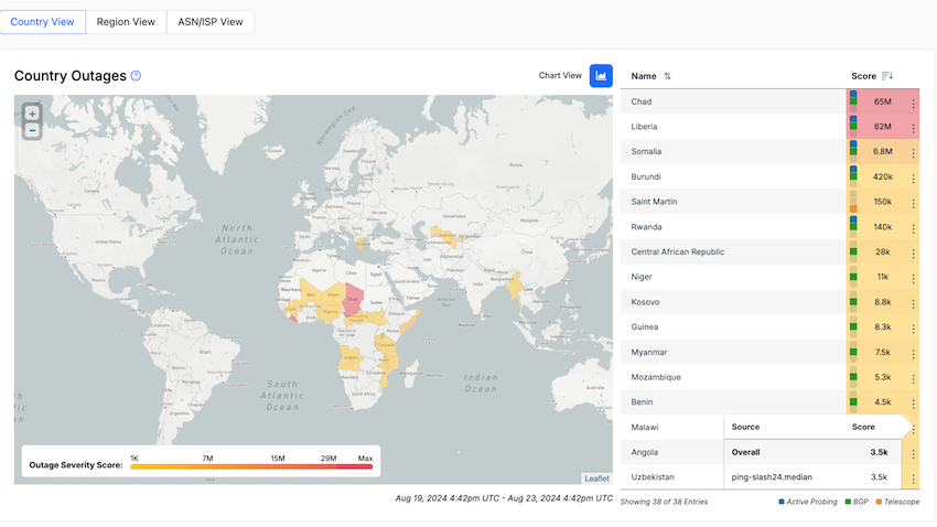 Screenshot of IODA's online internet outage map. 